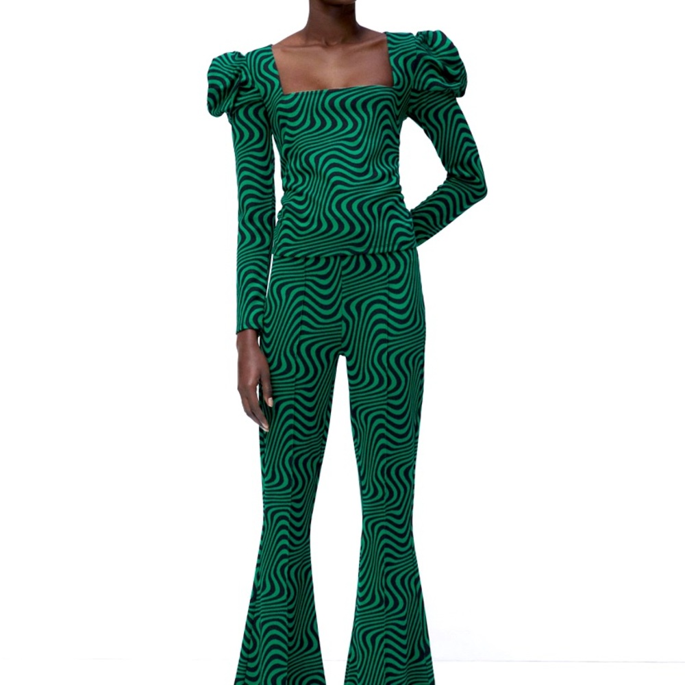 NWOT Zara Matching Green Jacquard Set Size S Top and Pants!